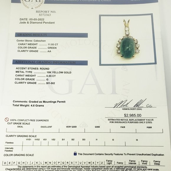 Vintage 10 Karat Yellow Gold Jade and Diamond Pendant GAI Certified #11657 - Picture 8 of 8